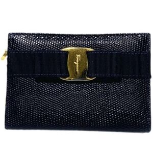Salvatore Ferragamo Vara bow compact wallet pouch textured lizarard Imbossed